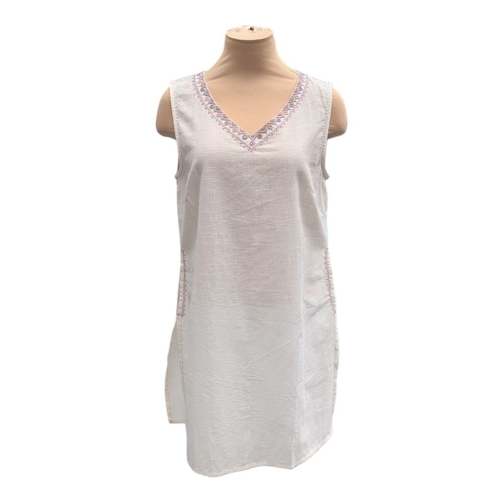 Fabindia Women's Sleeveless Kurta Tunic Top Off-White Embroidered V-Neck Large